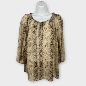 Liz Claiborne Petite Large Snake Python Print Peasant Sheer 3/4 Sleeve Top Brown